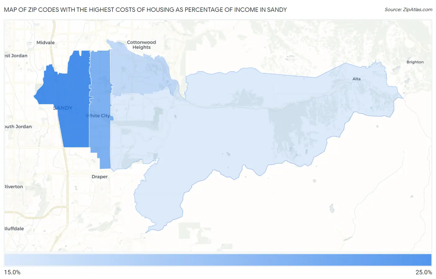 Zip Codes with the Highest Costs of Housing as Percentage of Income in Sandy Map