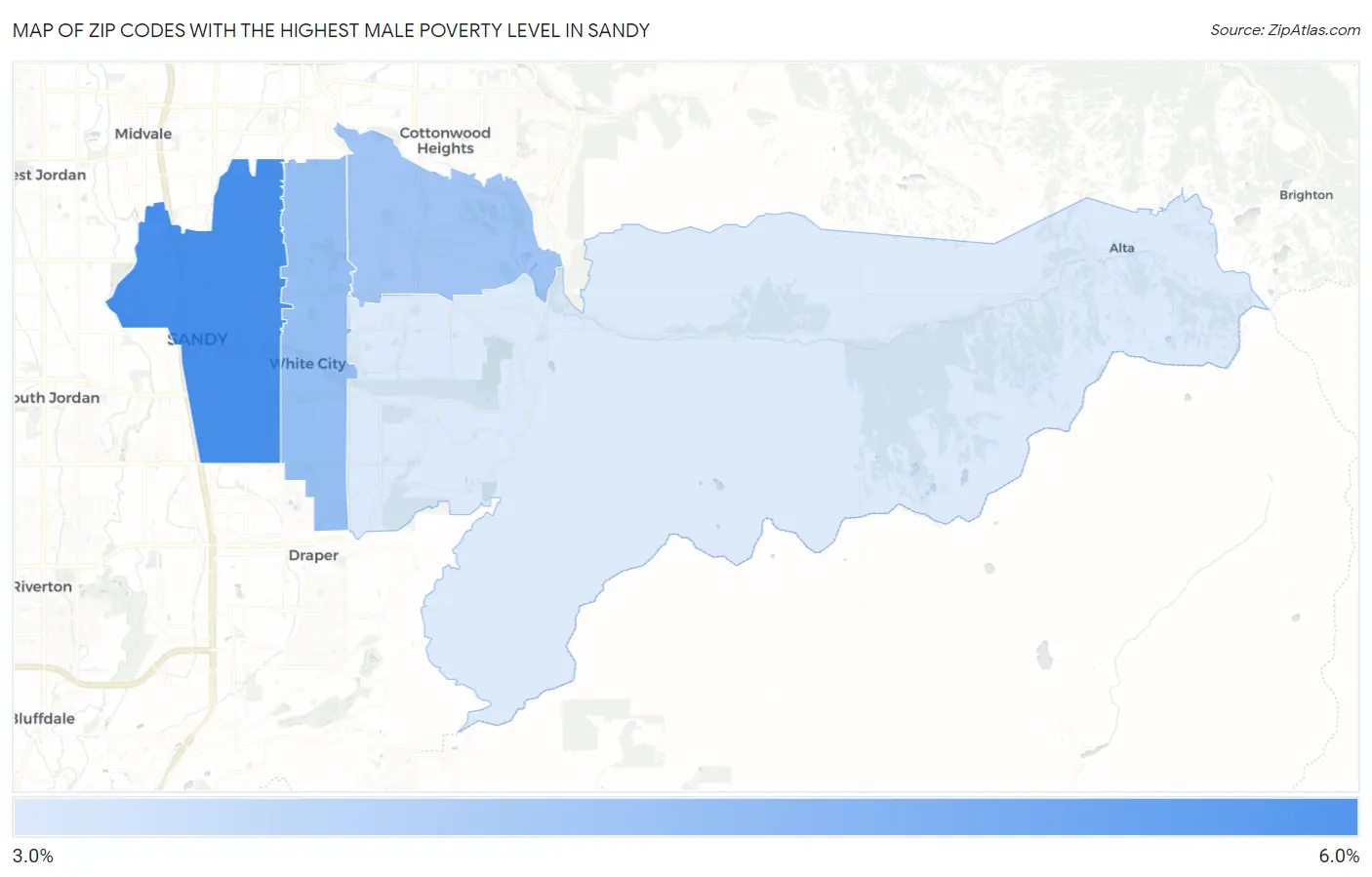Zip Codes with the Highest Male Poverty Level in Sandy Map