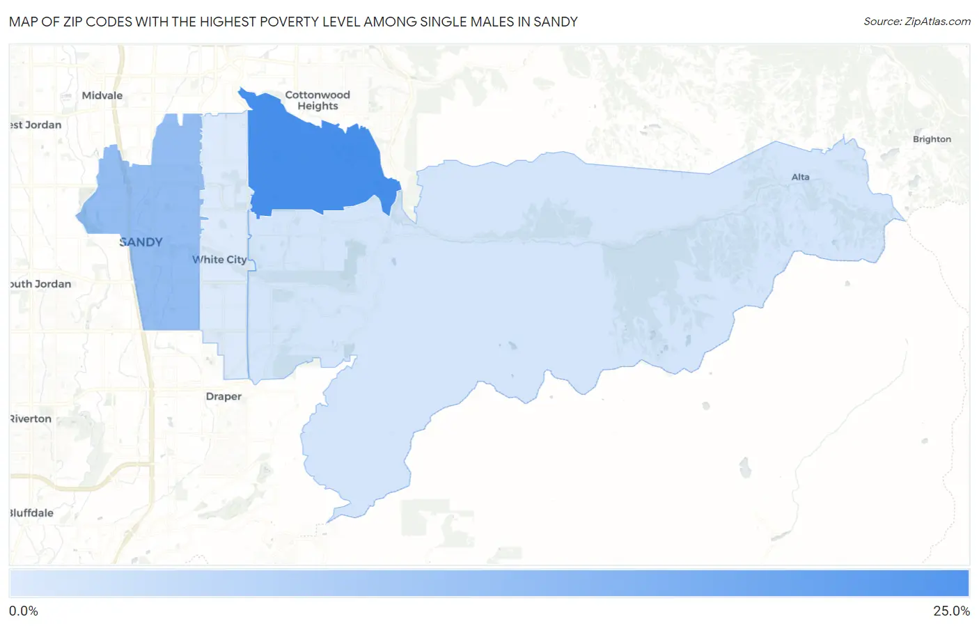 Zip Codes with the Highest Poverty Level Among Single Males in Sandy Map