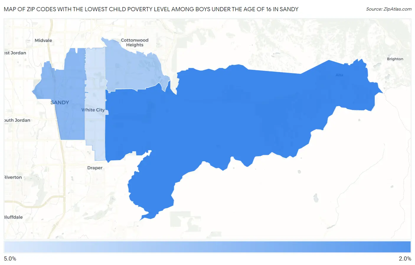 Zip Codes with the Lowest Child Poverty Level Among Boys Under the Age of 16 in Sandy Map