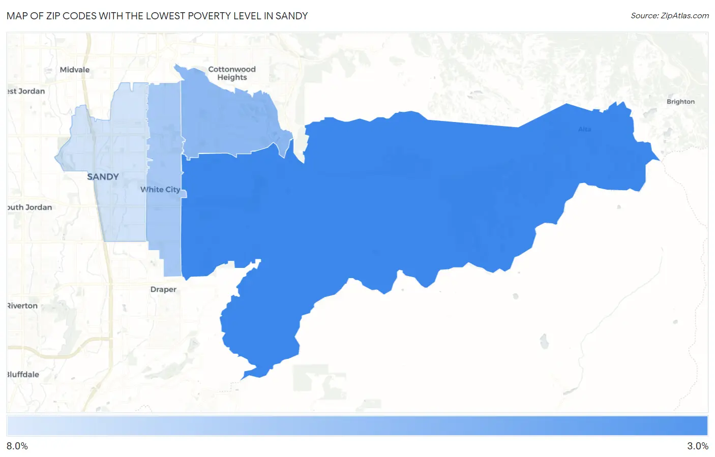 Zip Codes with the Lowest Poverty Level in Sandy Map