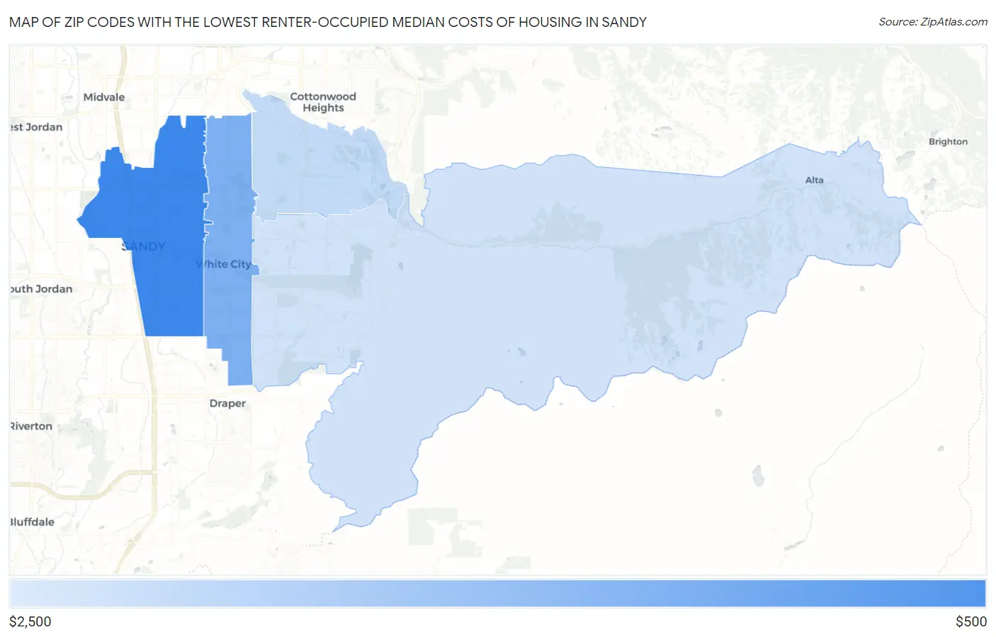 Zip Codes with the Lowest Renter-Occupied Median Costs of Housing in Sandy Map