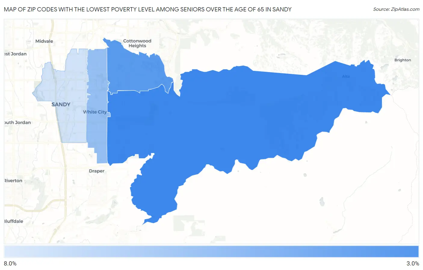 Zip Codes with the Lowest Poverty Level Among Seniors Over the Age of 65 in Sandy Map