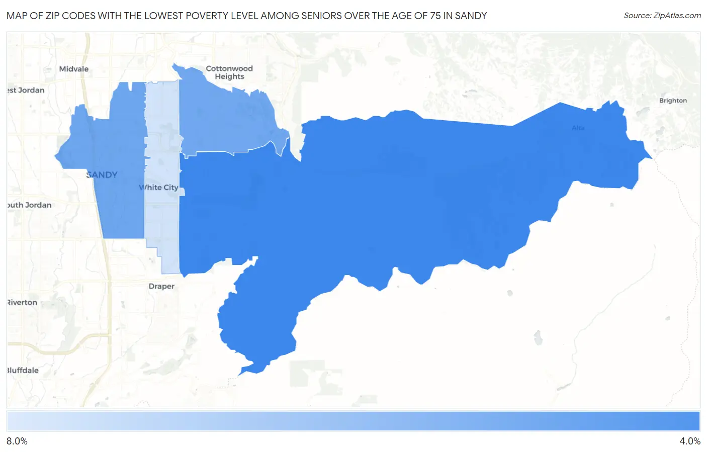 Zip Codes with the Lowest Poverty Level Among Seniors Over the Age of 75 in Sandy Map