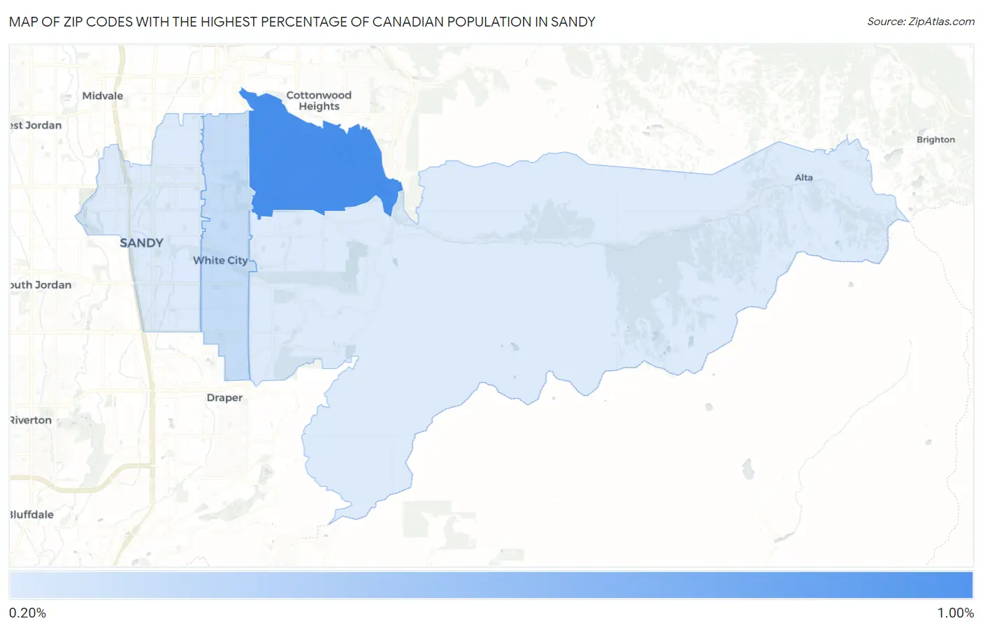 Zip Codes with the Highest Percentage of Canadian Population in Sandy Map