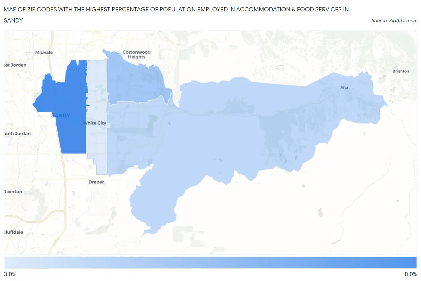 Zip Codes with the Highest Percentage of Population Employed in Accommodation & Food Services in Sandy Map