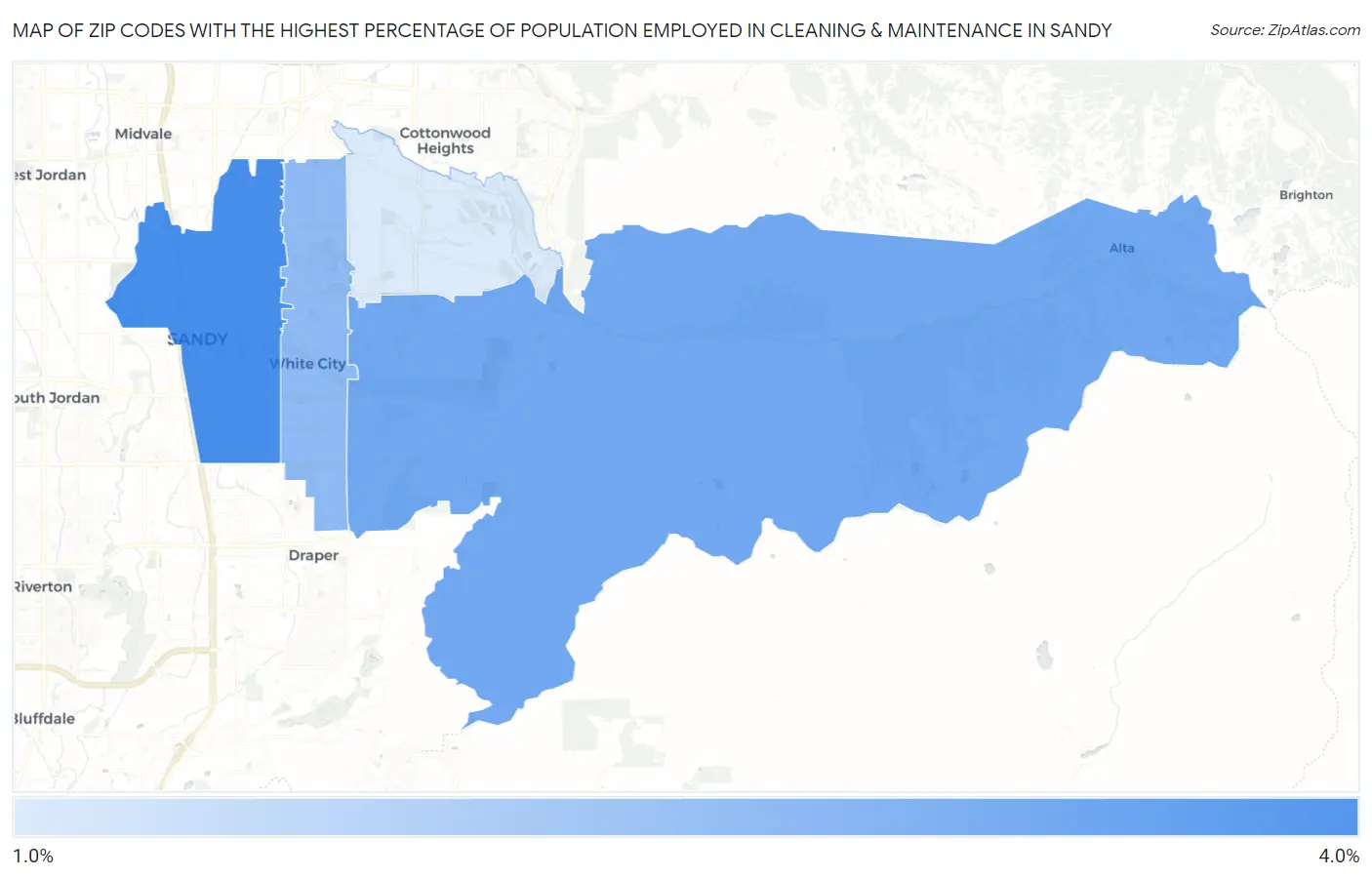 Zip Codes with the Highest Percentage of Population Employed in Cleaning & Maintenance in Sandy Map