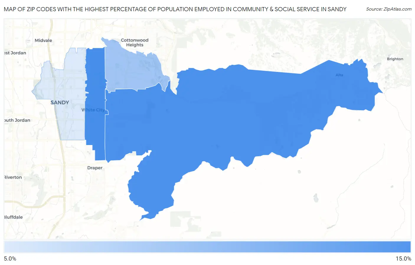 Zip Codes with the Highest Percentage of Population Employed in Community & Social Service  in Sandy Map