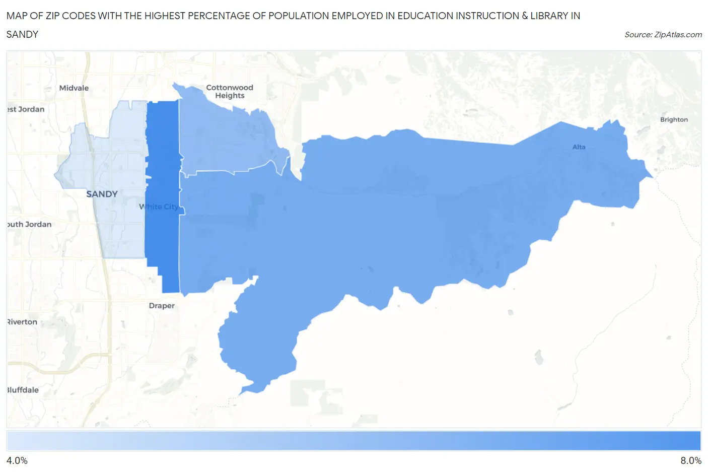 Zip Codes with the Highest Percentage of Population Employed in Education Instruction & Library in Sandy Map