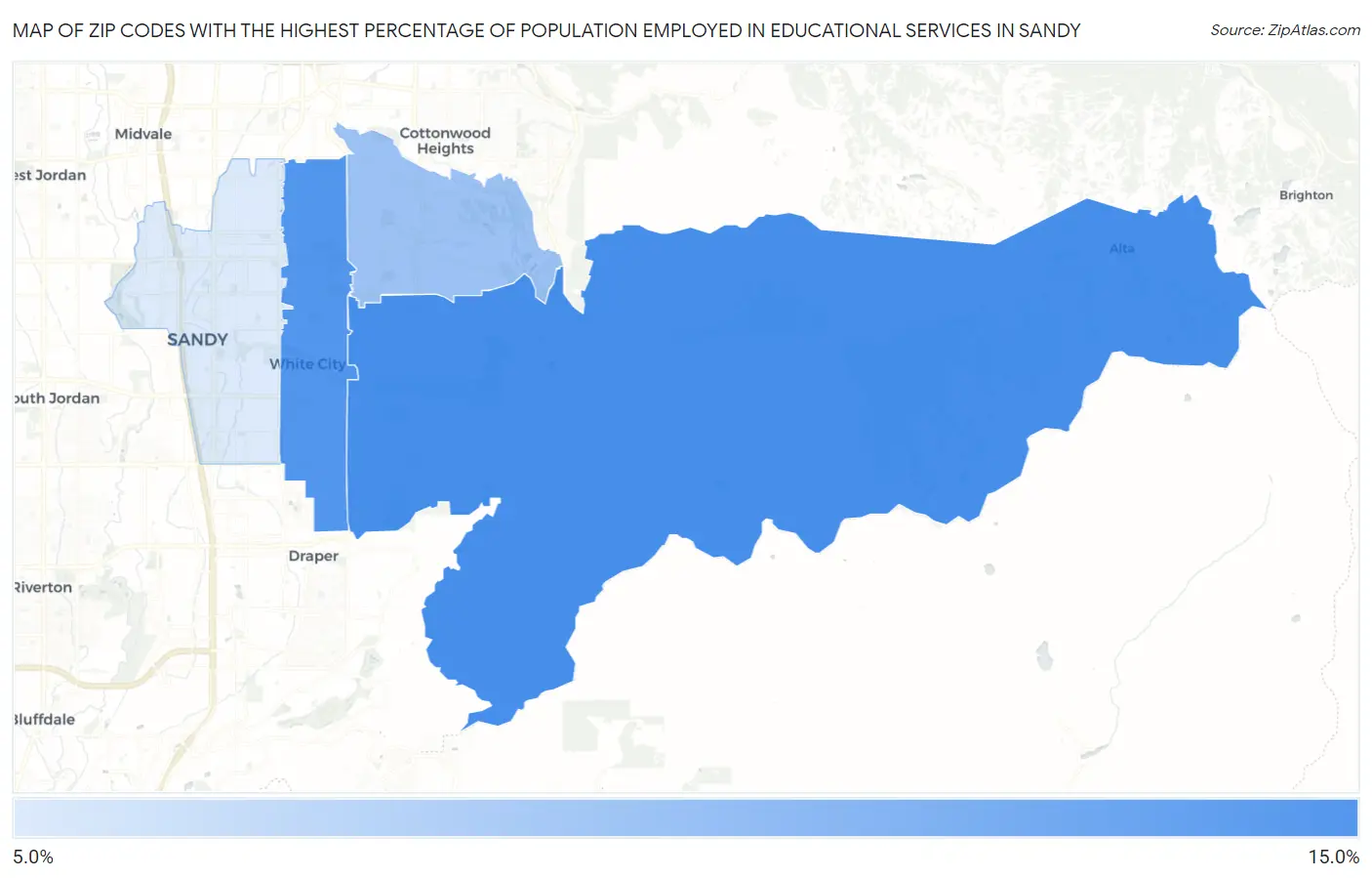 Zip Codes with the Highest Percentage of Population Employed in Educational Services in Sandy Map