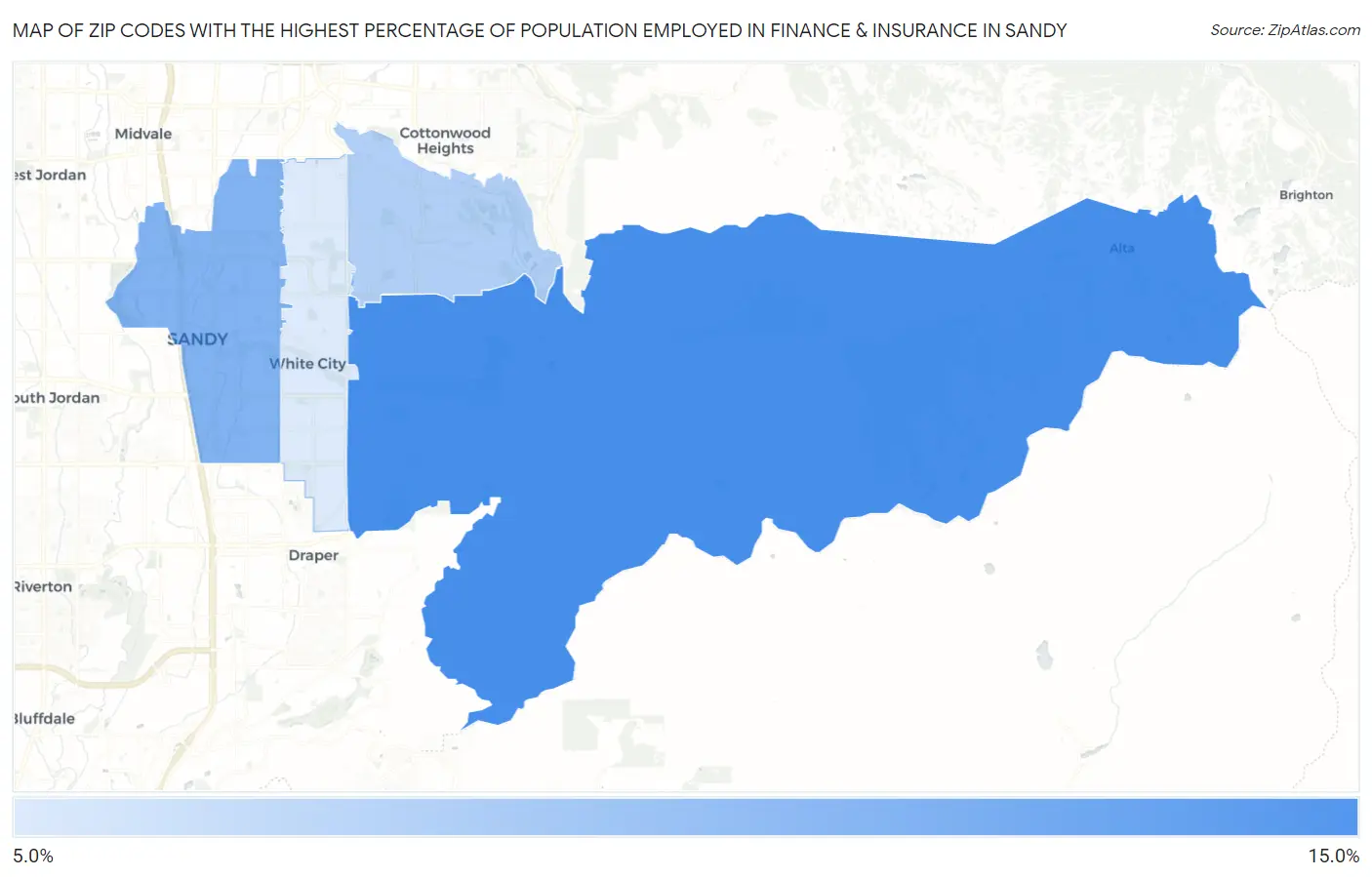 Zip Codes with the Highest Percentage of Population Employed in Finance & Insurance in Sandy Map