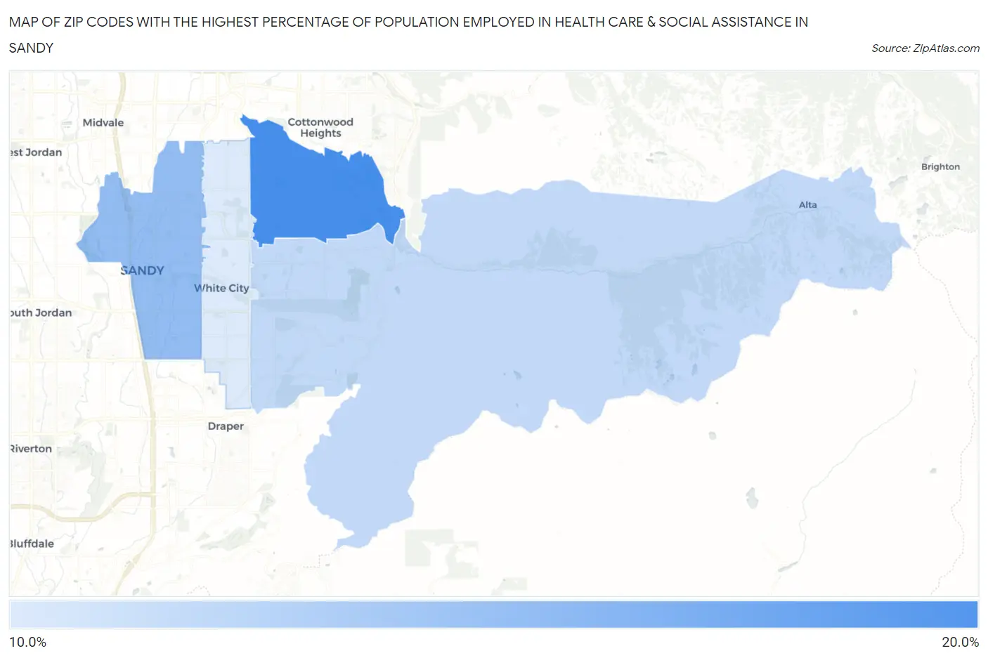 Zip Codes with the Highest Percentage of Population Employed in Health Care & Social Assistance in Sandy Map