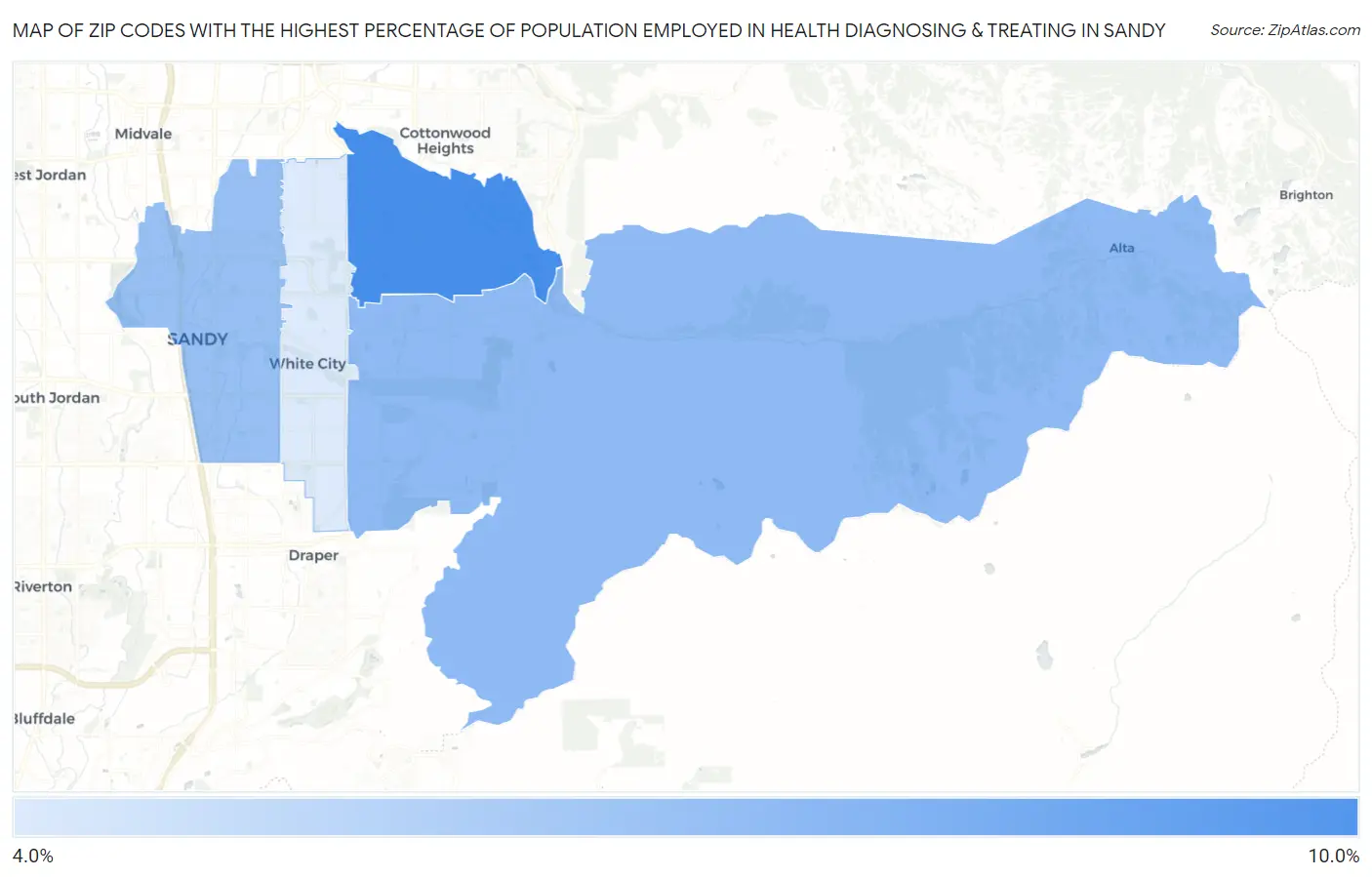 Zip Codes with the Highest Percentage of Population Employed in Health Diagnosing & Treating in Sandy Map