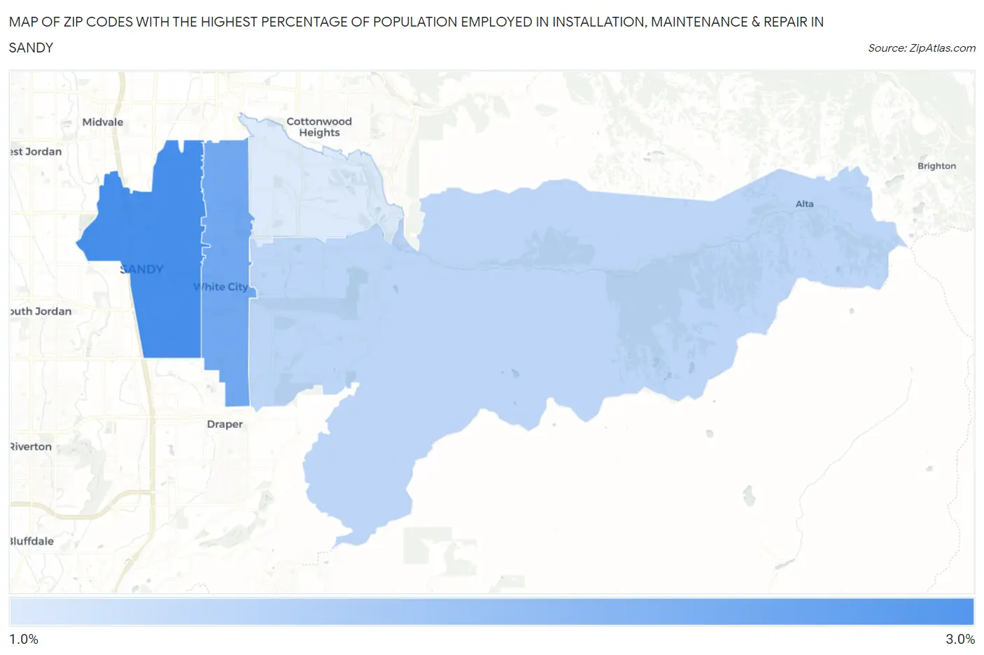 Zip Codes with the Highest Percentage of Population Employed in Installation, Maintenance & Repair in Sandy Map