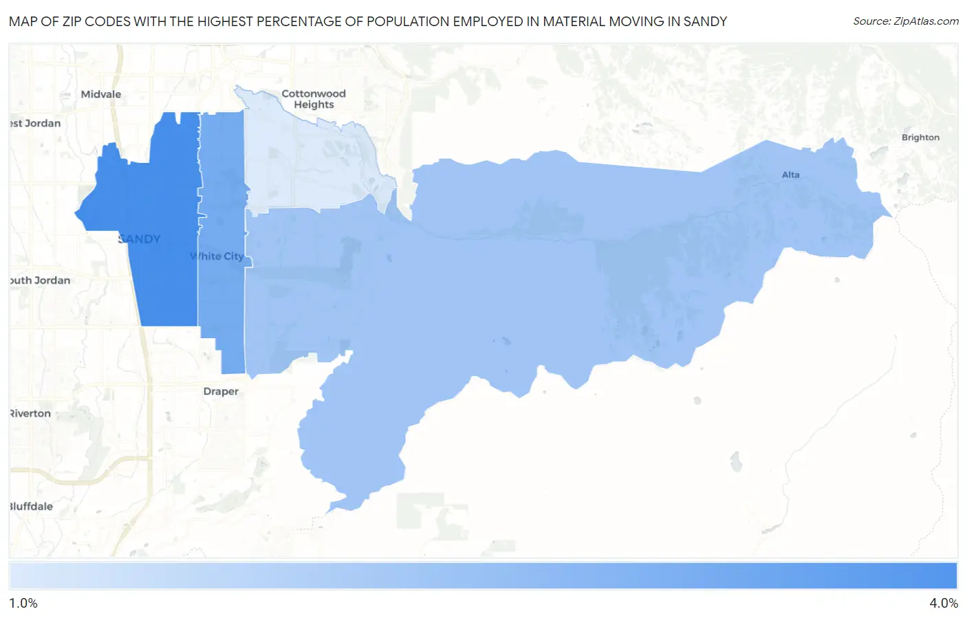 Zip Codes with the Highest Percentage of Population Employed in Material Moving in Sandy Map
