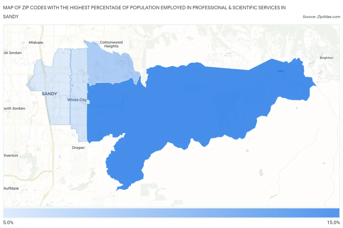 Zip Codes with the Highest Percentage of Population Employed in Professional & Scientific Services in Sandy Map