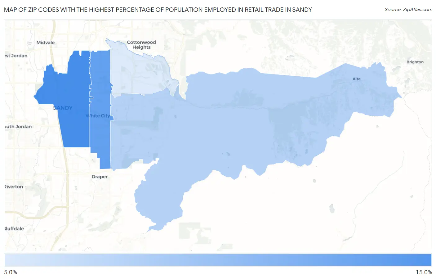 Zip Codes with the Highest Percentage of Population Employed in Retail Trade in Sandy Map