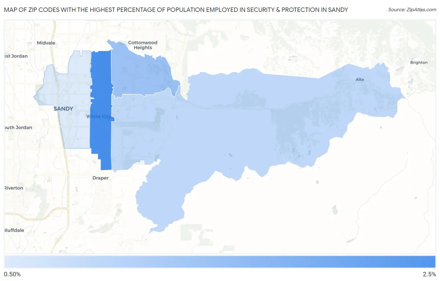 Zip Codes with the Highest Percentage of Population Employed in Security & Protection in Sandy Map