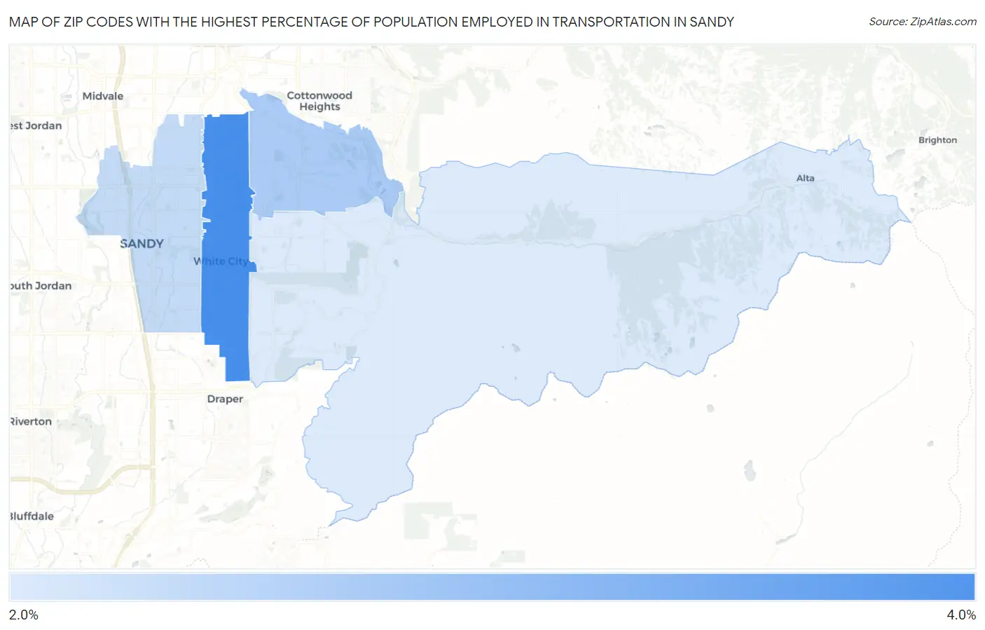 Zip Codes with the Highest Percentage of Population Employed in Transportation in Sandy Map