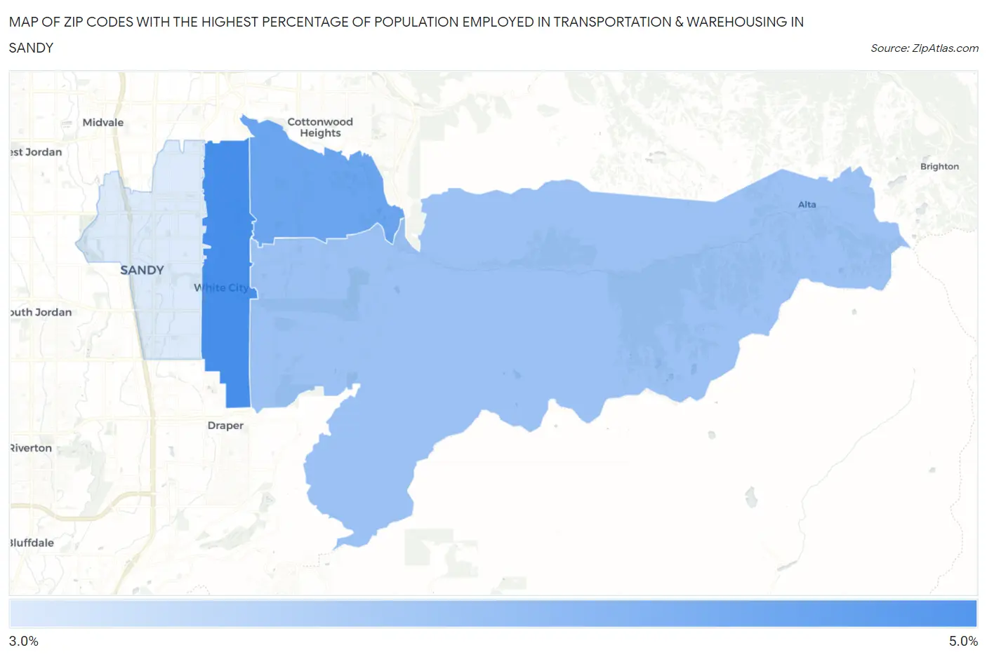 Zip Codes with the Highest Percentage of Population Employed in Transportation & Warehousing in Sandy Map