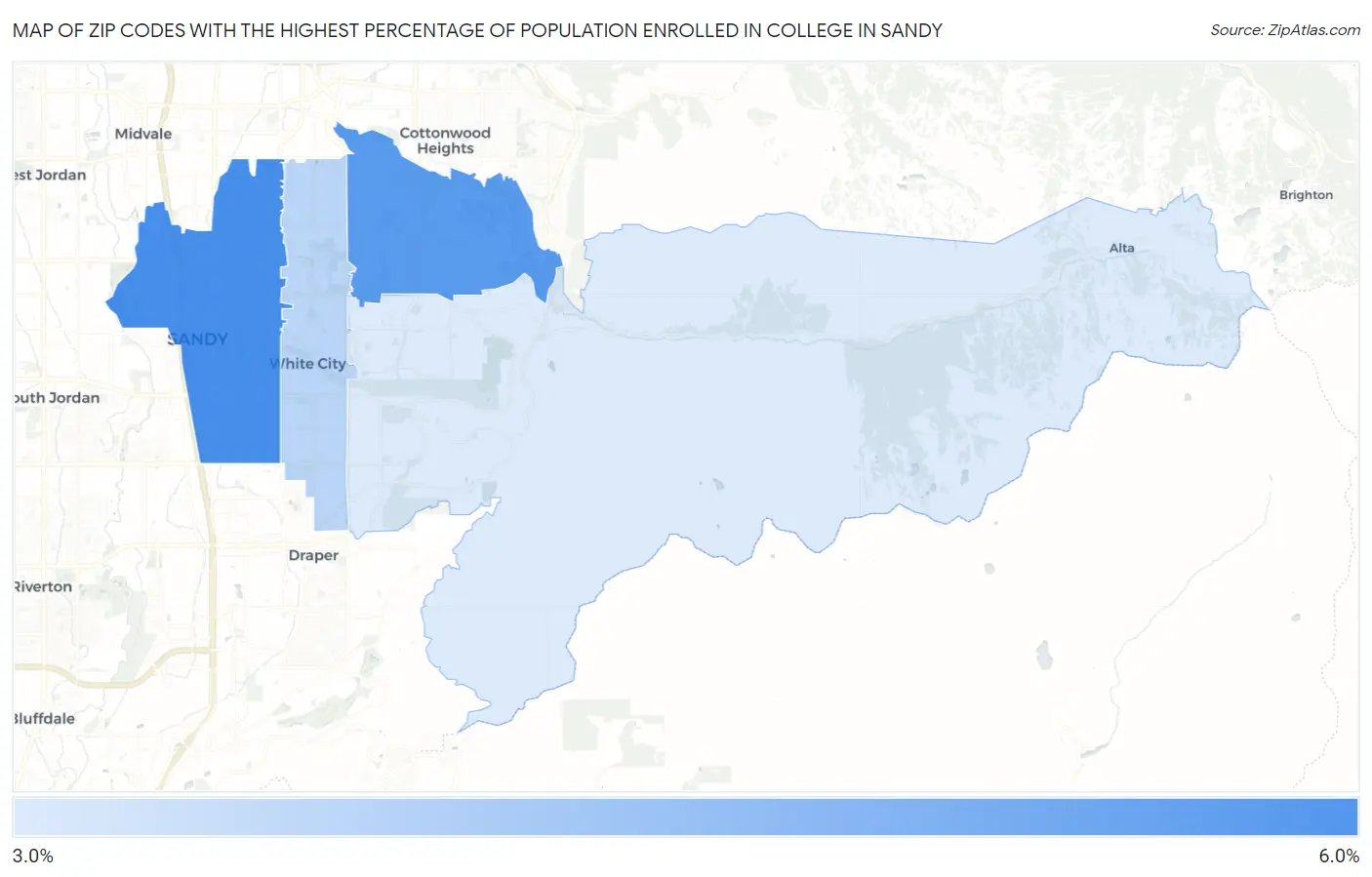Zip Codes with the Highest Percentage of Population Enrolled in College in Sandy Map
