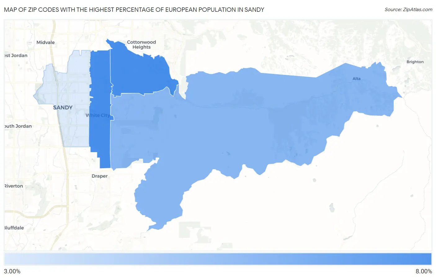 Zip Codes with the Highest Percentage of European Population in Sandy Map