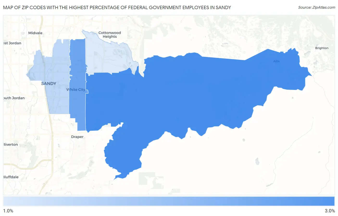 Zip Codes with the Highest Percentage of Federal Government Employees in Sandy Map