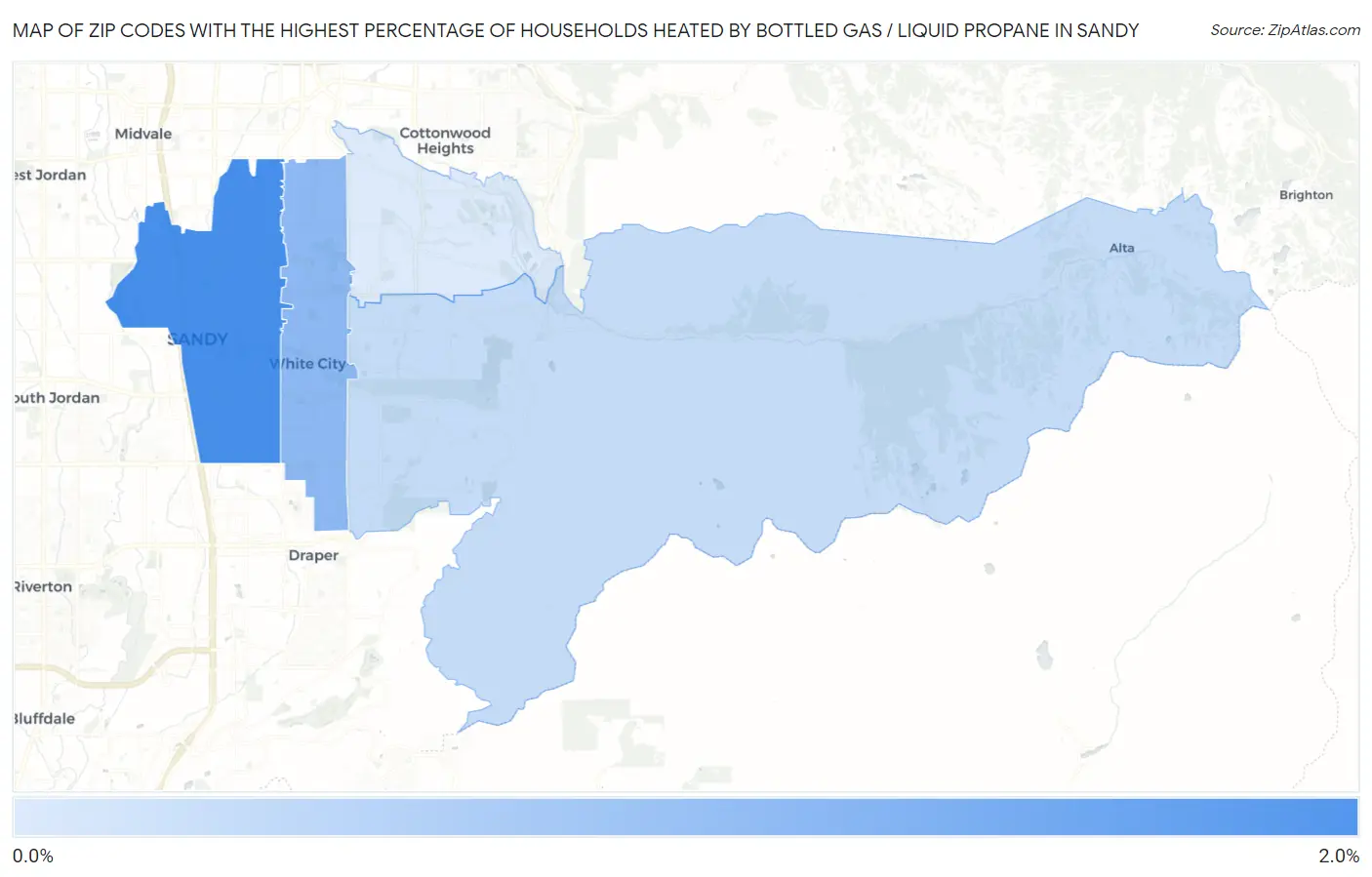 Zip Codes with the Highest Percentage of Households Heated by Bottled Gas / Liquid Propane in Sandy Map