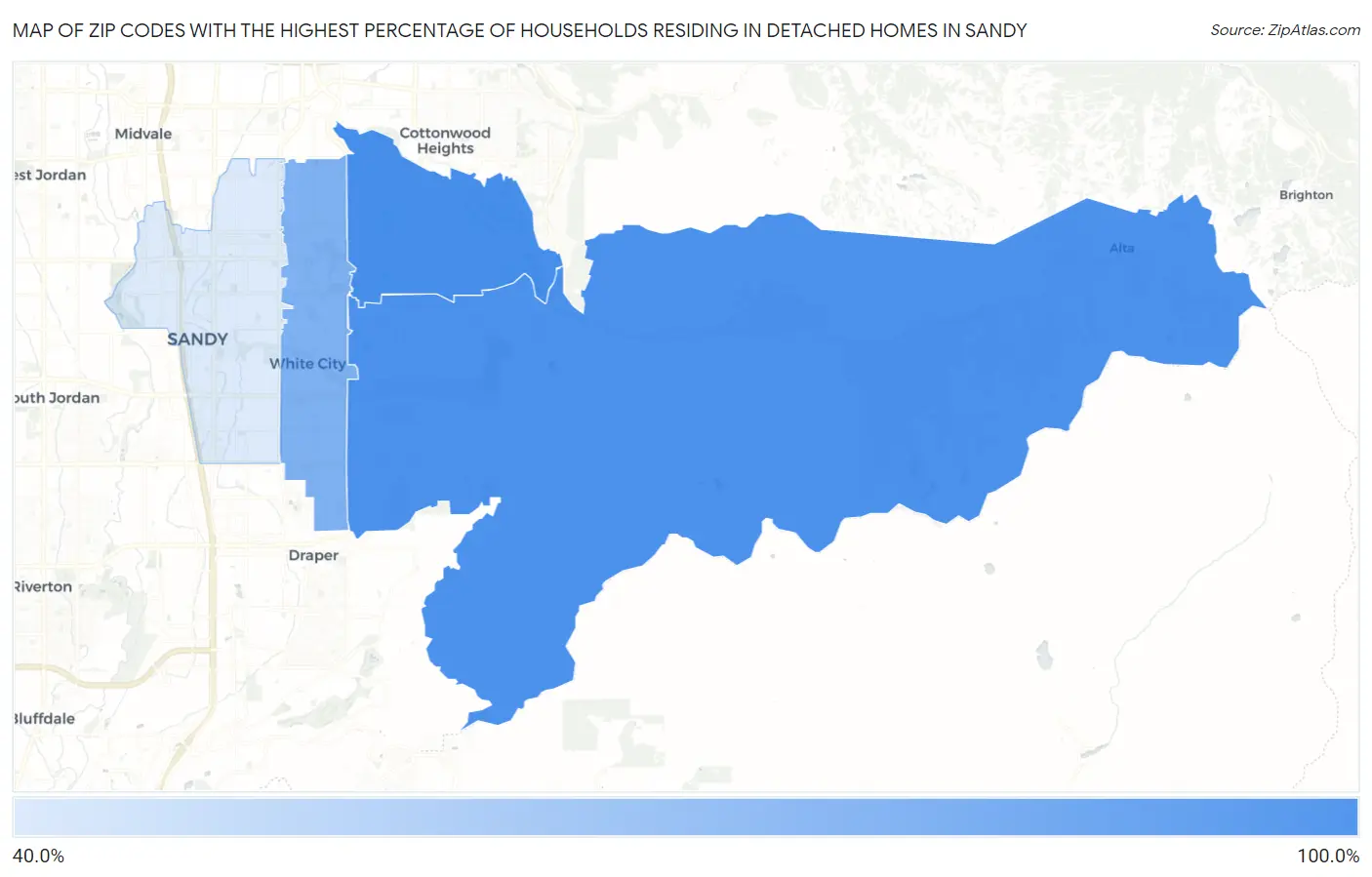 Zip Codes with the Highest Percentage of Households Residing in Detached Homes in Sandy Map