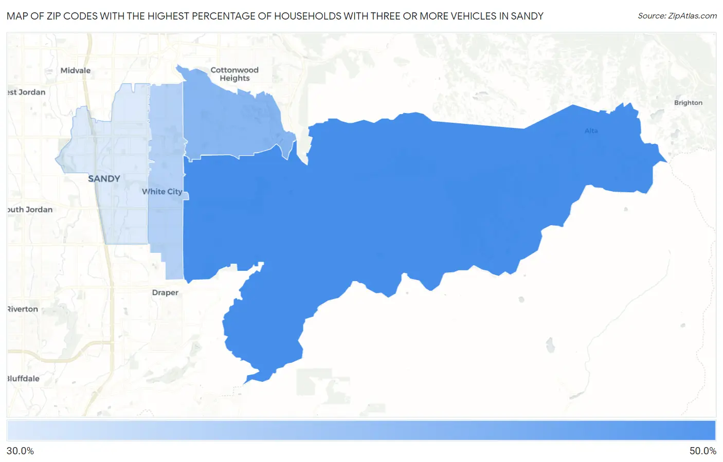Zip Codes with the Highest Percentage of Households With Three or more Vehicles in Sandy Map