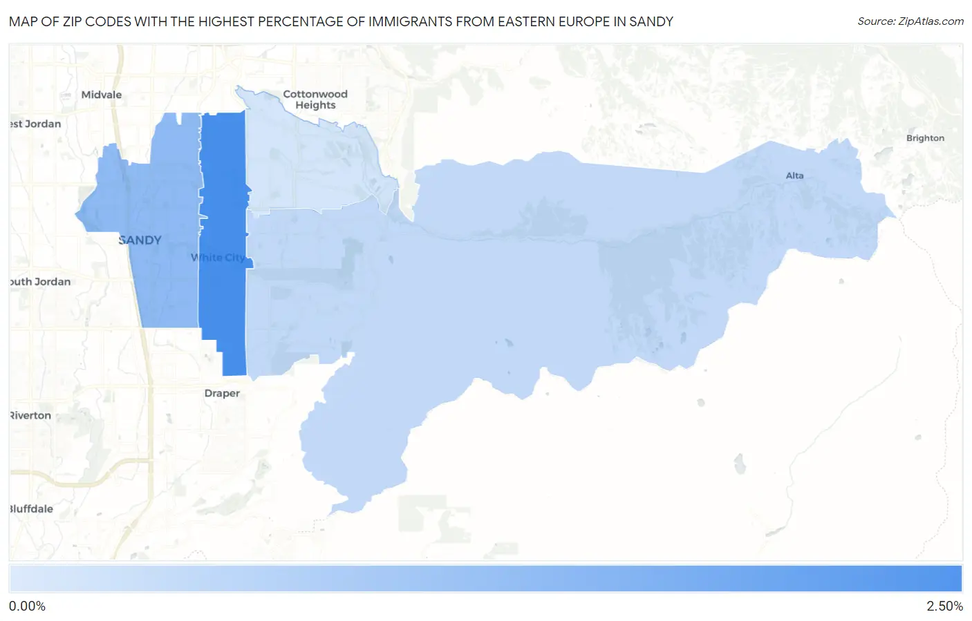 Zip Codes with the Highest Percentage of Immigrants from Eastern Europe in Sandy Map
