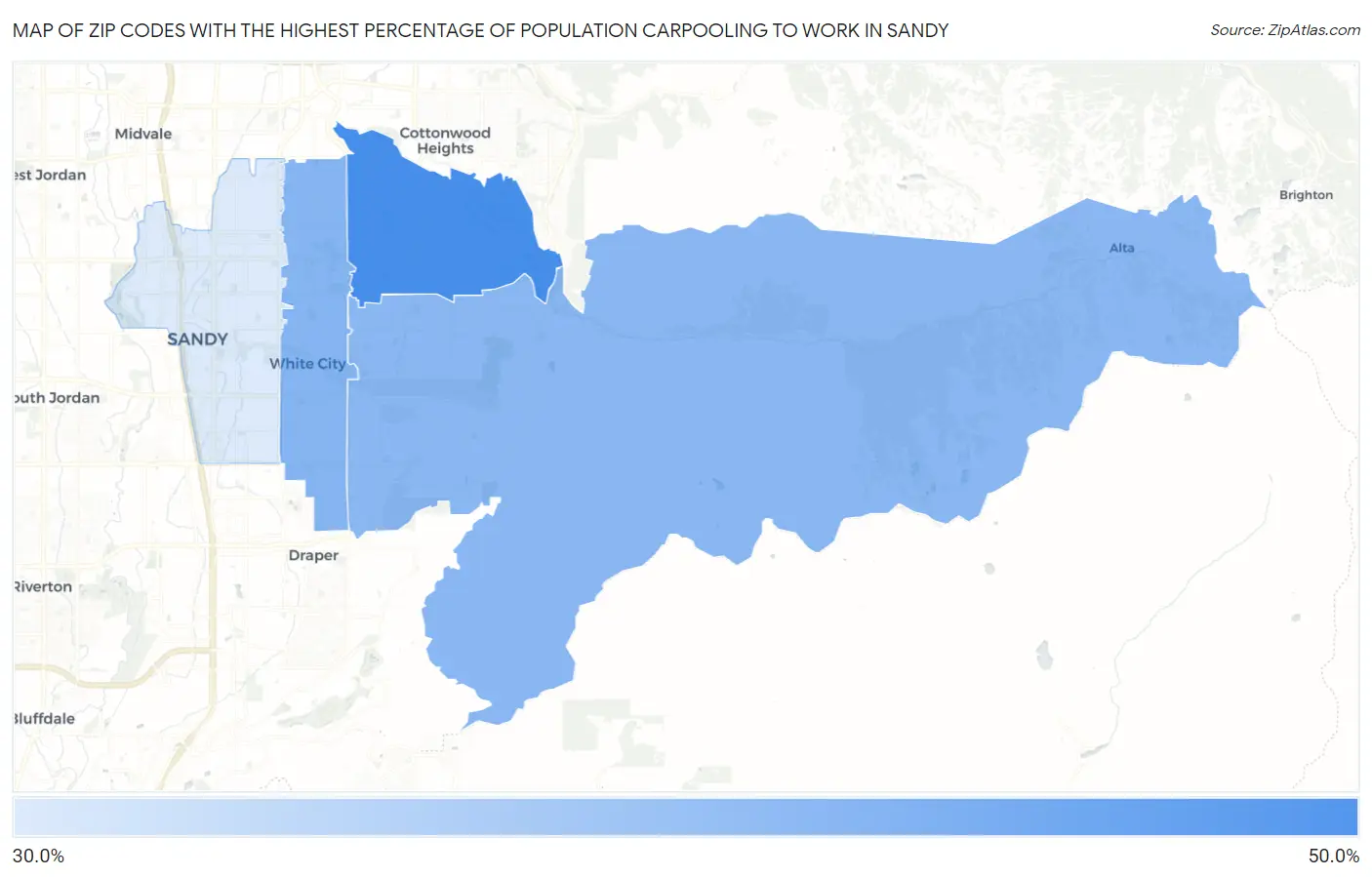 Zip Codes with the Highest Percentage of Population Carpooling to Work in Sandy Map