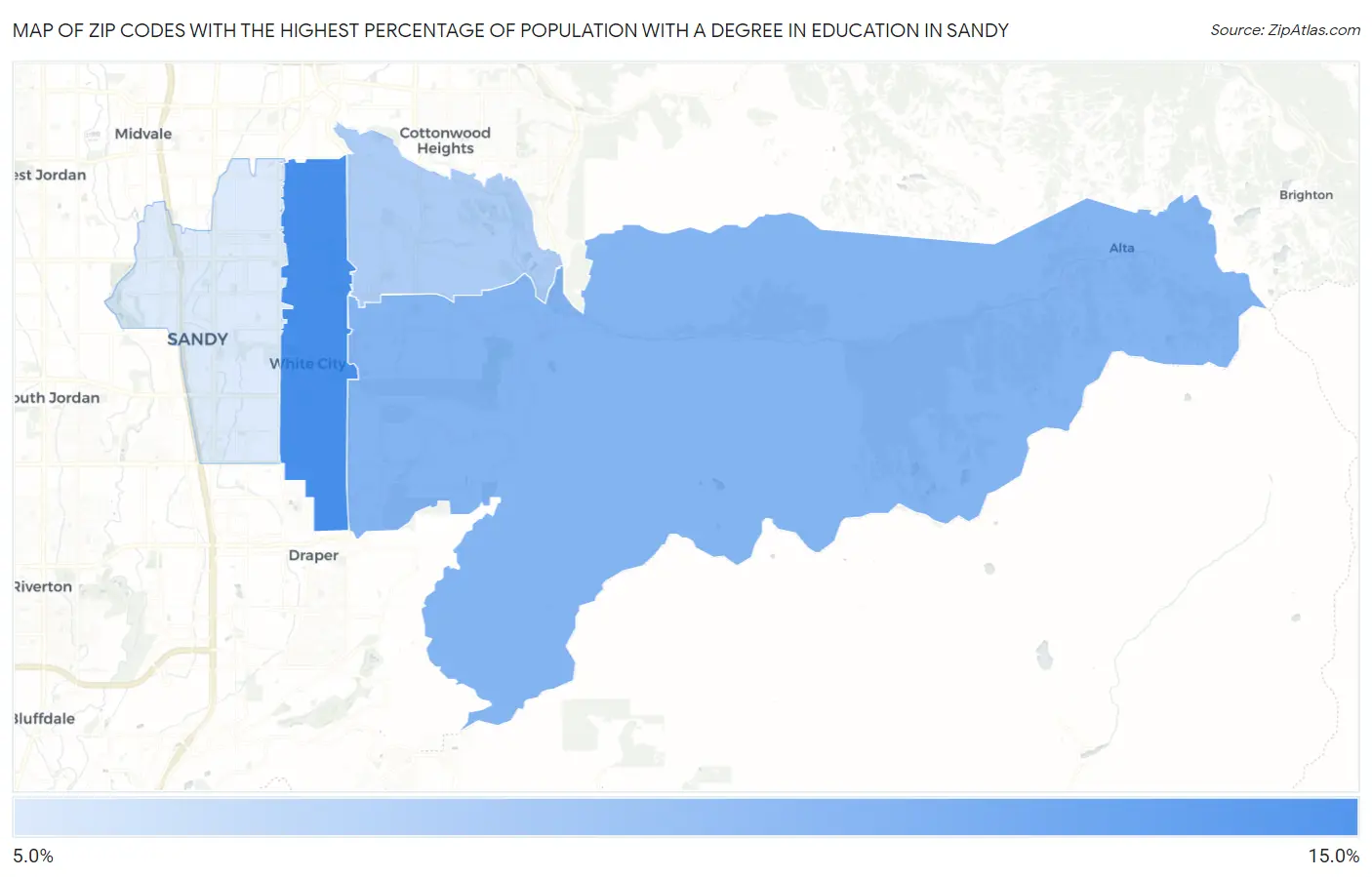 Zip Codes with the Highest Percentage of Population with a Degree in Education in Sandy Map