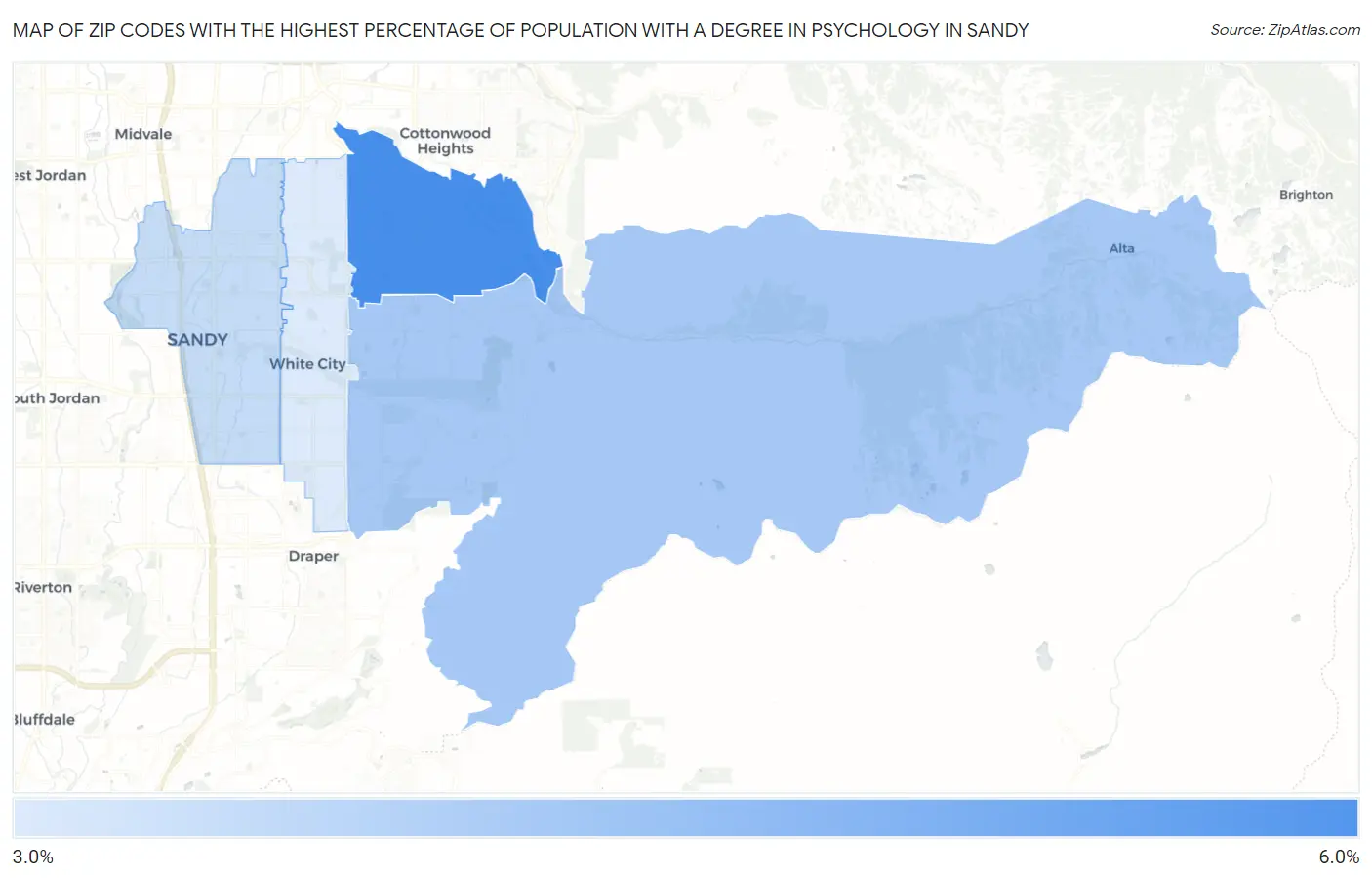 Zip Codes with the Highest Percentage of Population with a Degree in Psychology in Sandy Map