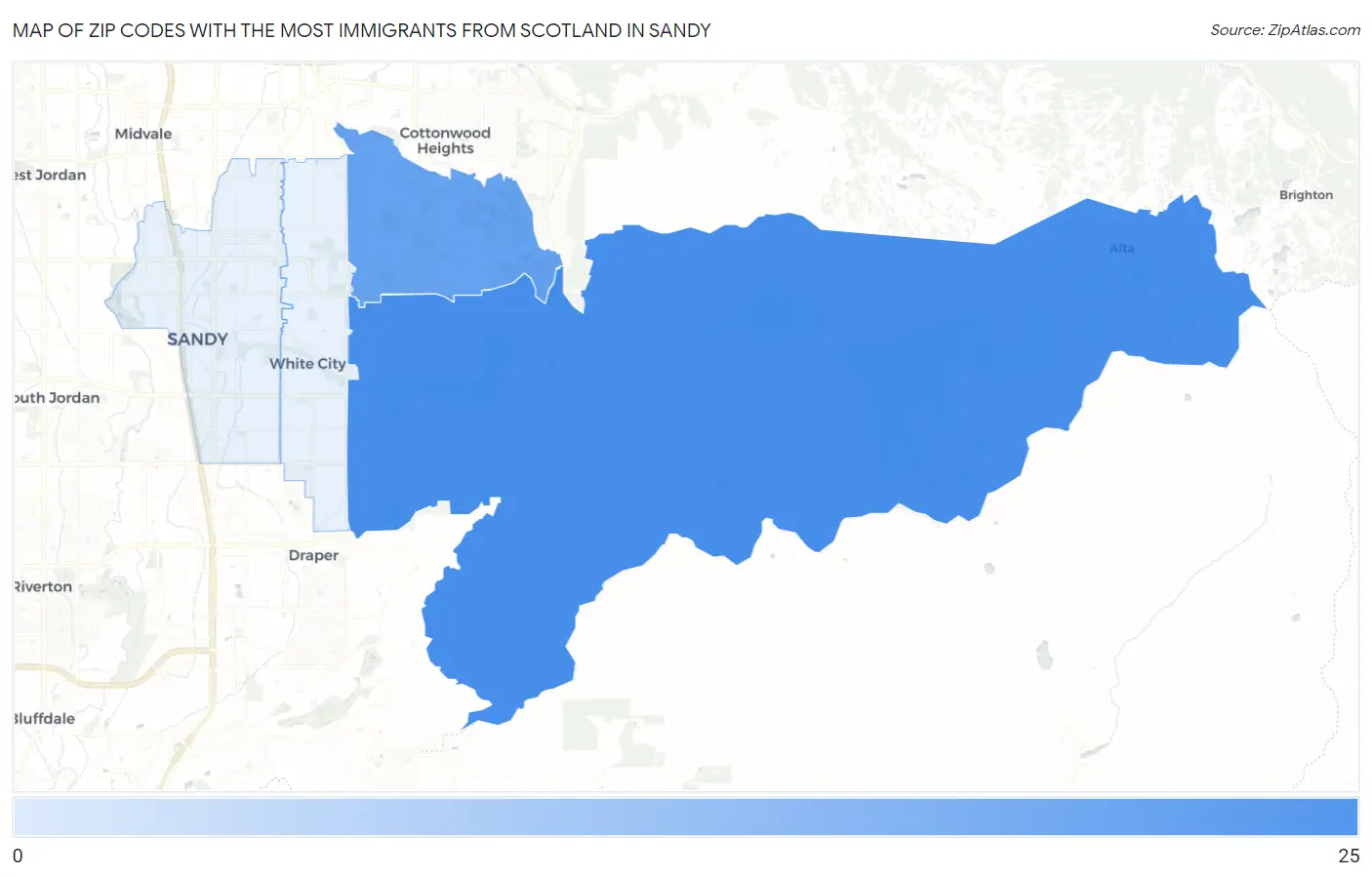 Zip Codes with the Most Immigrants from Scotland in Sandy Map