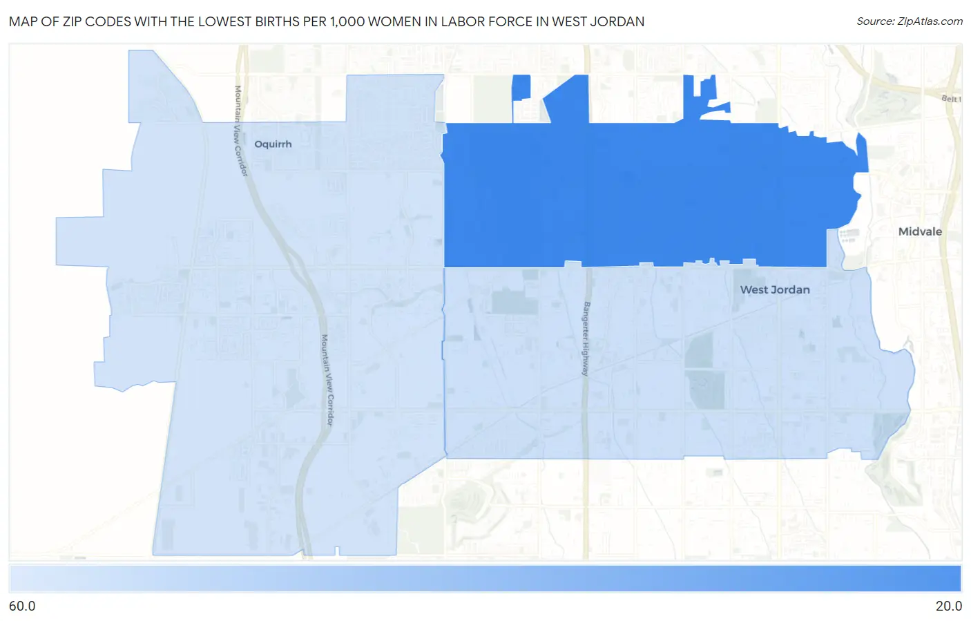 Zip Codes with the Lowest Births per 1,000 Women in Labor Force in West Jordan Map