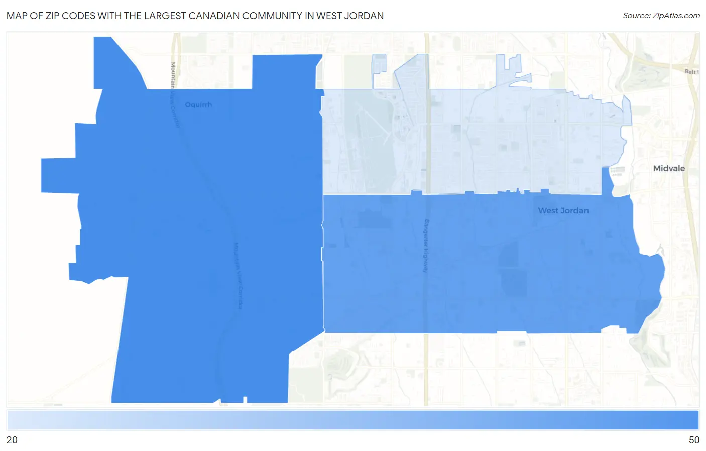 Zip Codes with the Largest Canadian Community in West Jordan Map