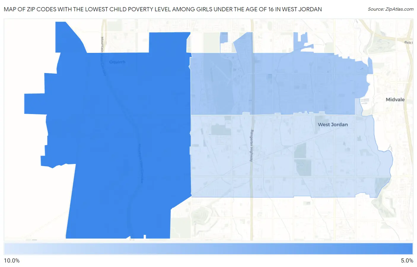Zip Codes with the Lowest Child Poverty Level Among Girls Under the Age of 16 in West Jordan Map