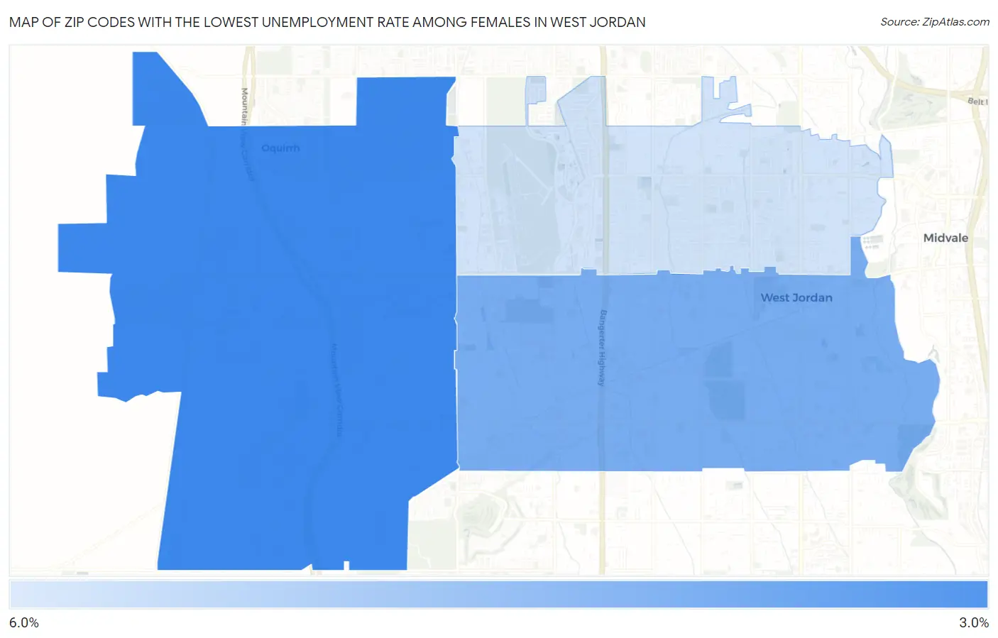 Zip Codes with the Lowest Unemployment Rate Among Females in West Jordan Map