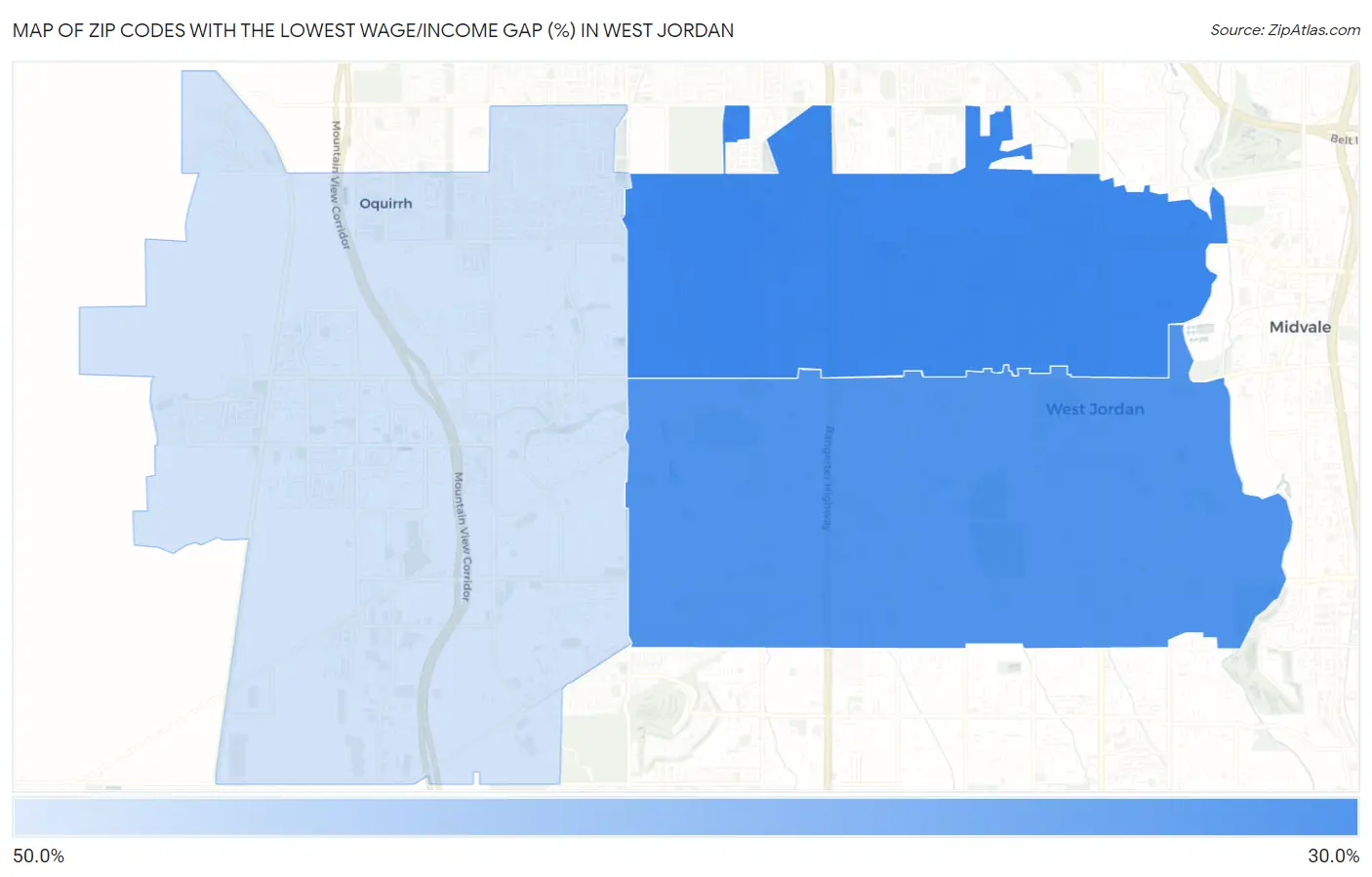 Zip Codes with the Lowest Wage/Income Gap (%) in West Jordan Map