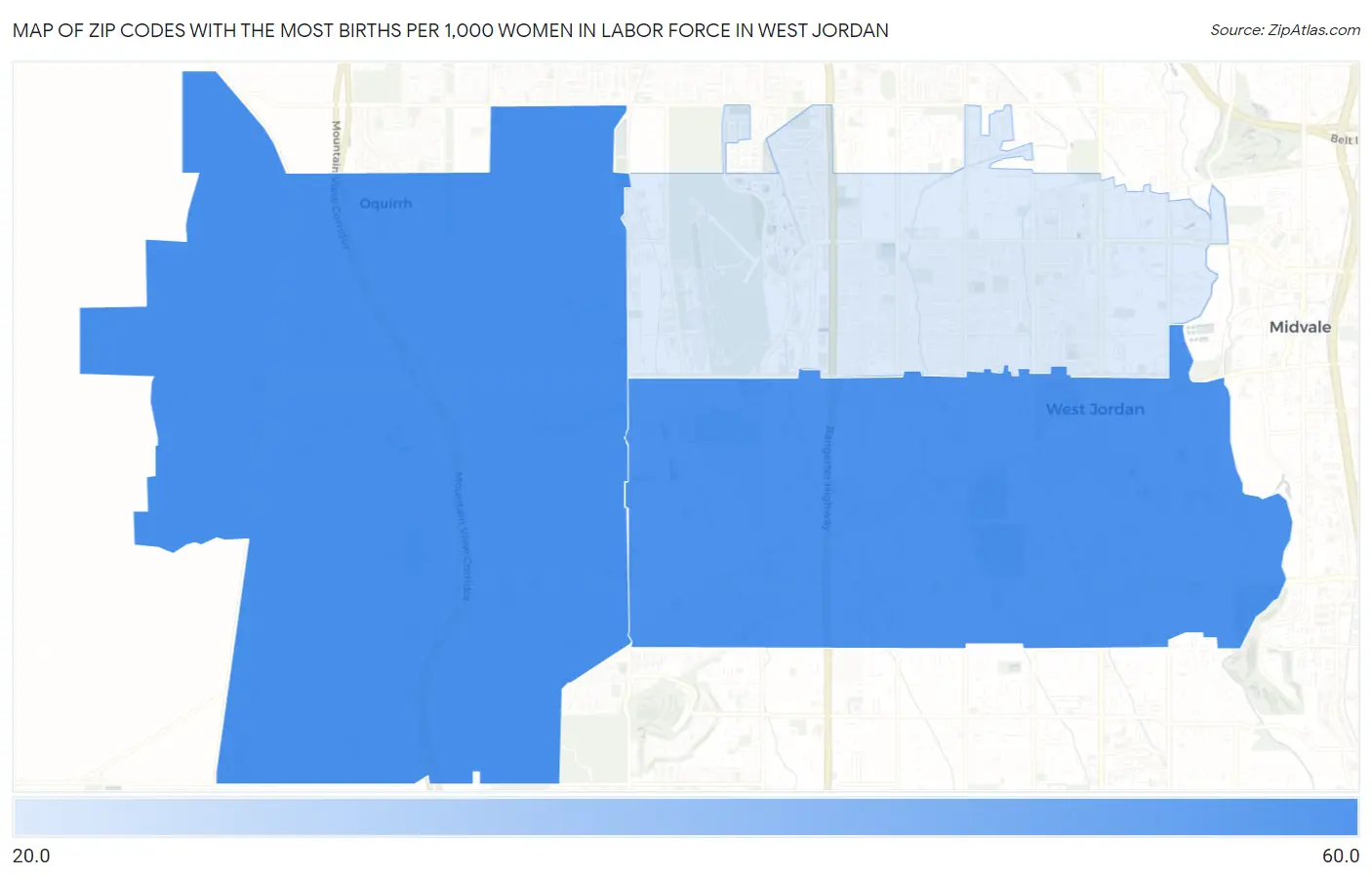 Zip Codes with the Most Births per 1,000 Women in Labor Force in West Jordan Map