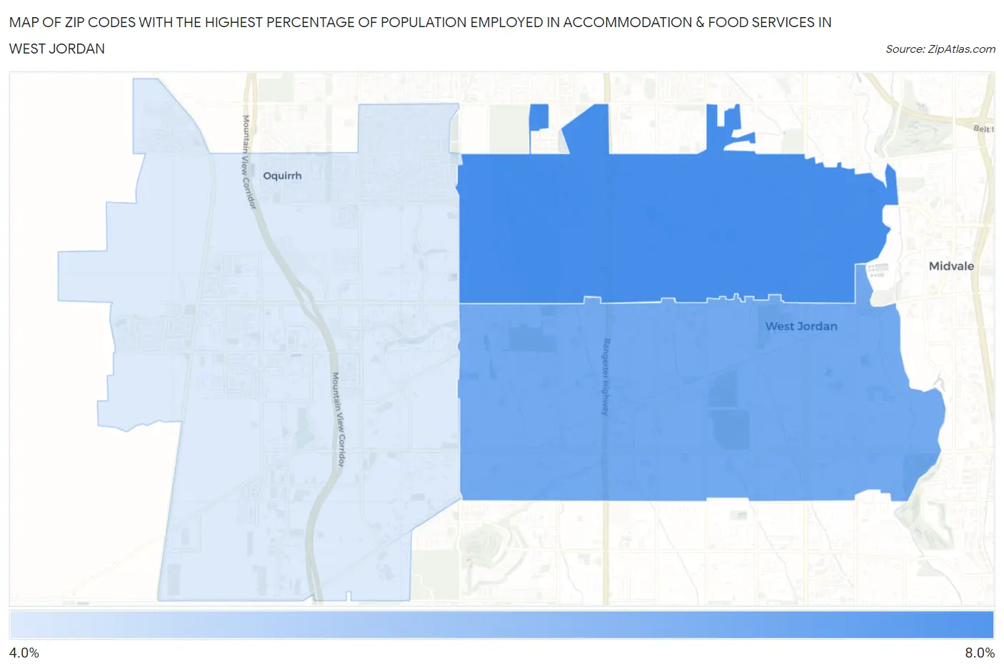 Zip Codes with the Highest Percentage of Population Employed in Accommodation & Food Services in West Jordan Map