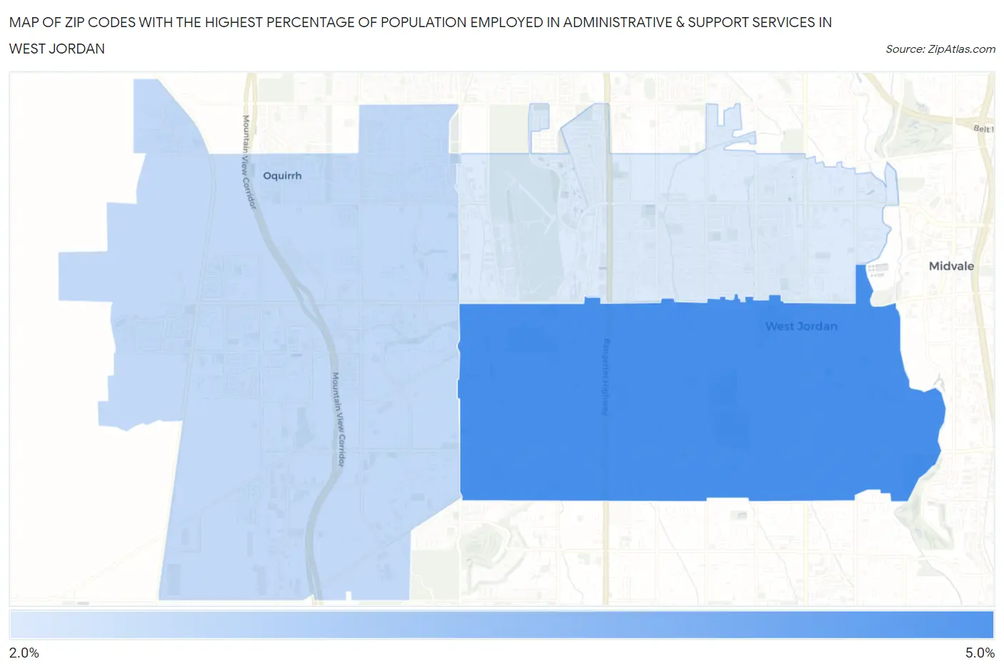 Zip Codes with the Highest Percentage of Population Employed in Administrative & Support Services in West Jordan Map