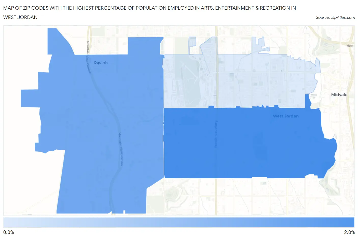 Zip Codes with the Highest Percentage of Population Employed in Arts, Entertainment & Recreation in West Jordan Map