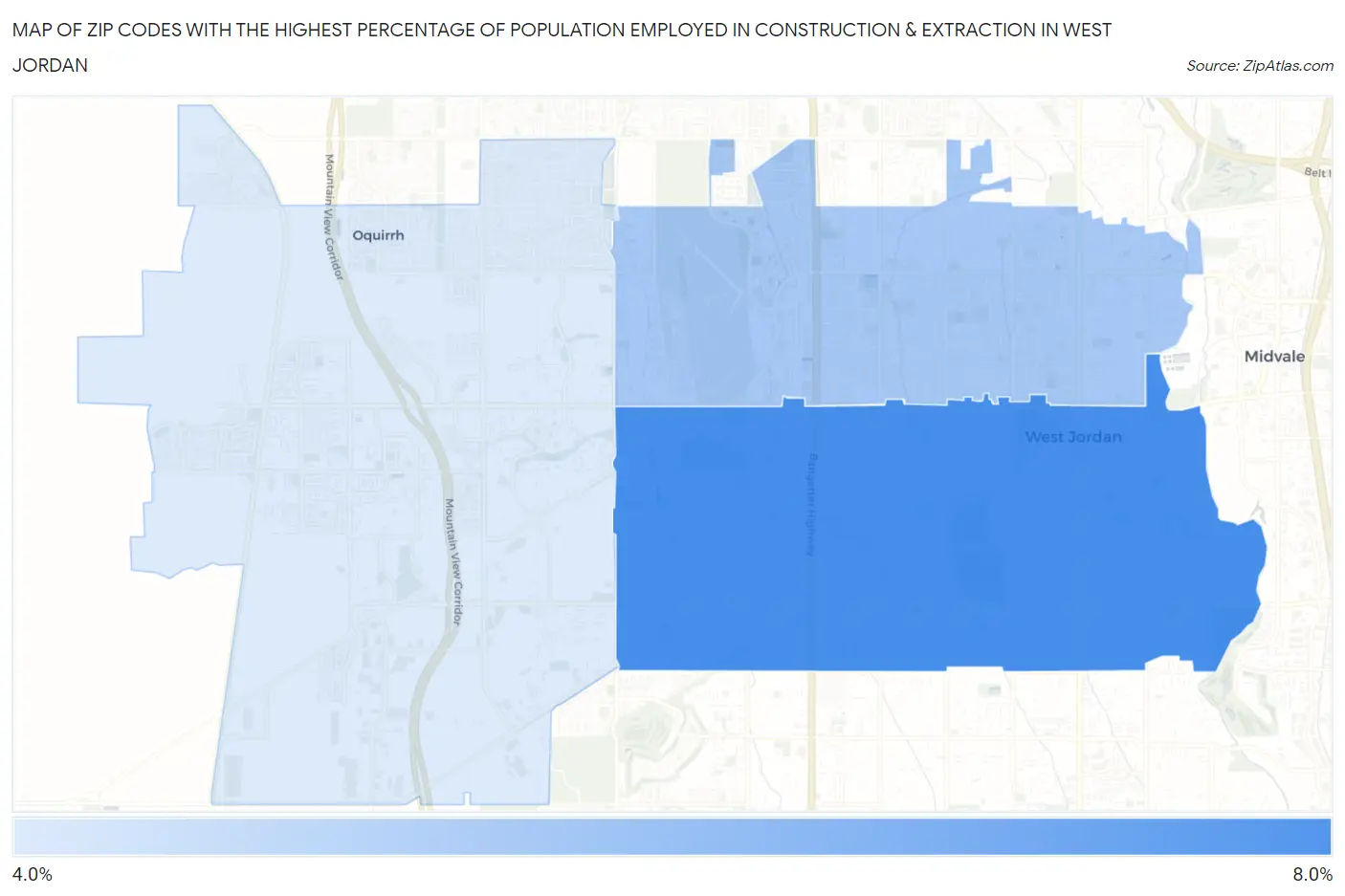 Zip Codes with the Highest Percentage of Population Employed in Construction & Extraction in West Jordan Map