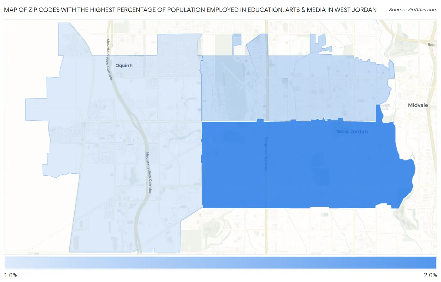 Zip Codes with the Highest Percentage of Population Employed in Education, Arts & Media in West Jordan Map