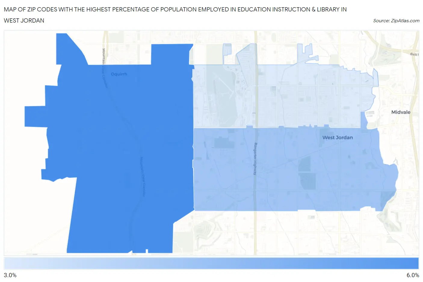 Zip Codes with the Highest Percentage of Population Employed in Education Instruction & Library in West Jordan Map