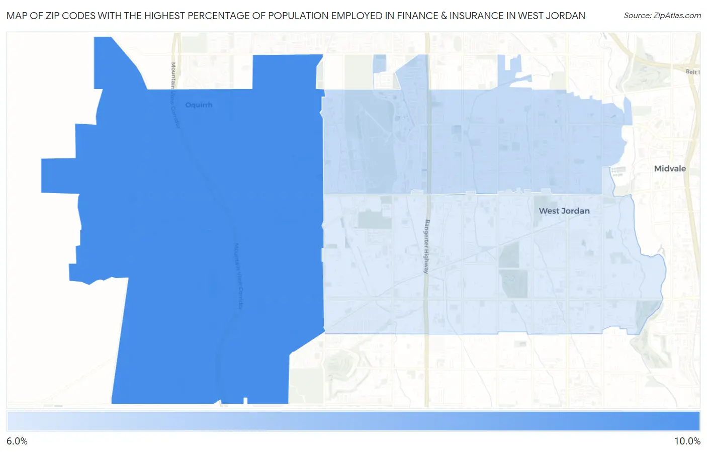 Zip Codes with the Highest Percentage of Population Employed in Finance & Insurance in West Jordan Map