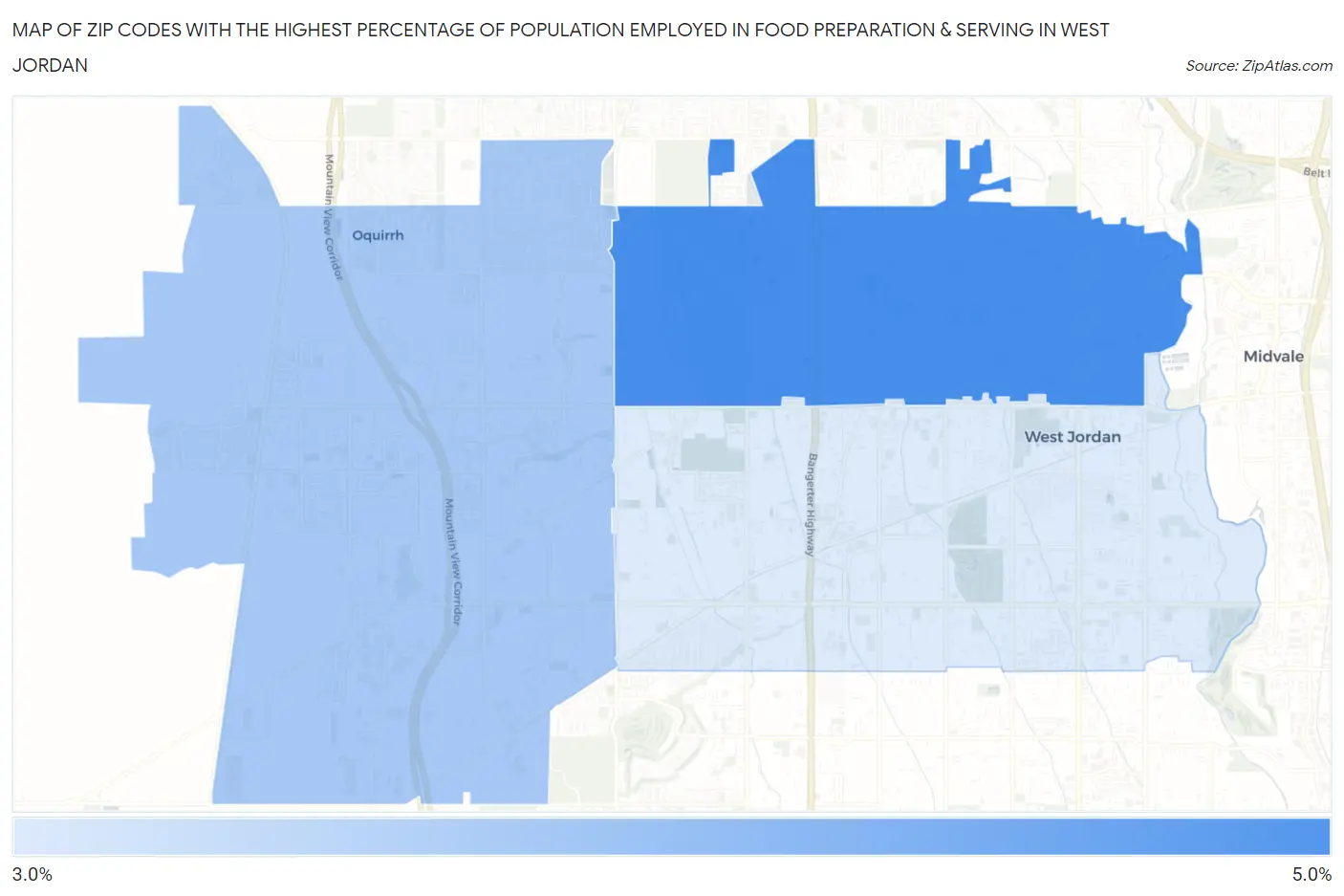 Zip Codes with the Highest Percentage of Population Employed in Food Preparation & Serving in West Jordan Map
