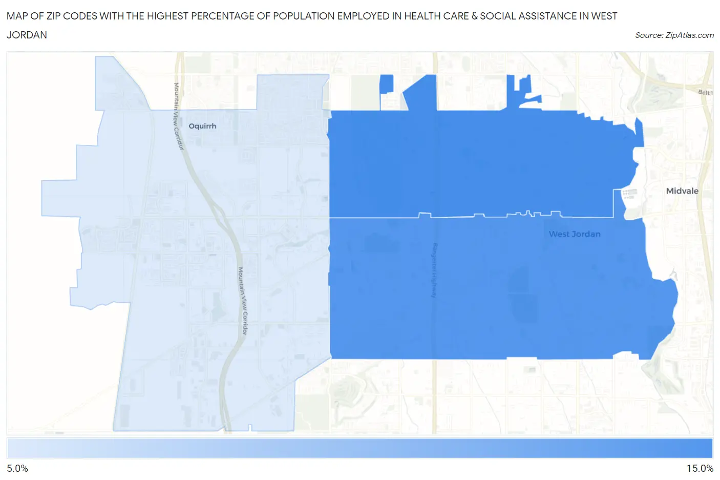 Zip Codes with the Highest Percentage of Population Employed in Health Care & Social Assistance in West Jordan Map